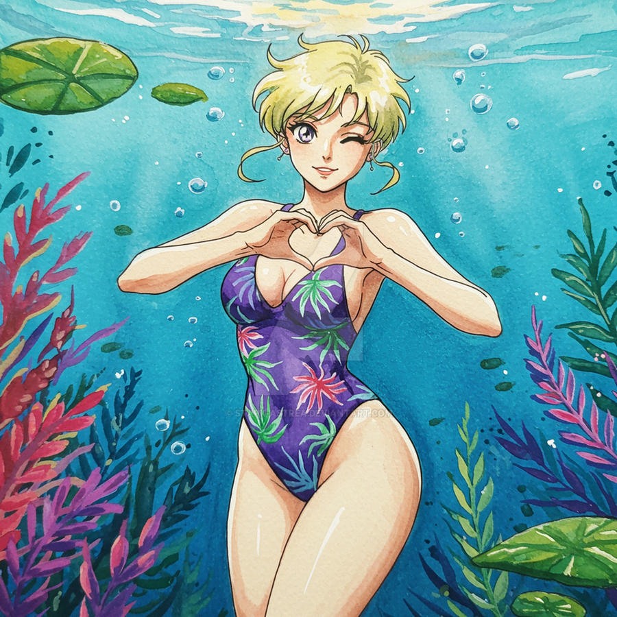 1girl adult_swim alluring athletic_female bikini bishoujo_senshi_sailor_moon bishoujo_senshi_sailor_moon_s bishoujo_senshi_sailor_moon_s_the_movie bishoujo_senshi_sailor_moon_supers bishoujo_senshi_sailor_moon_supers_the_movie blonde_hair cleavage female haruka_ten'ou heart_symbol medium_breasts navy_eyes one-piece_bikini solo stark-astrea toei_animation toonami underwater viz_media wink