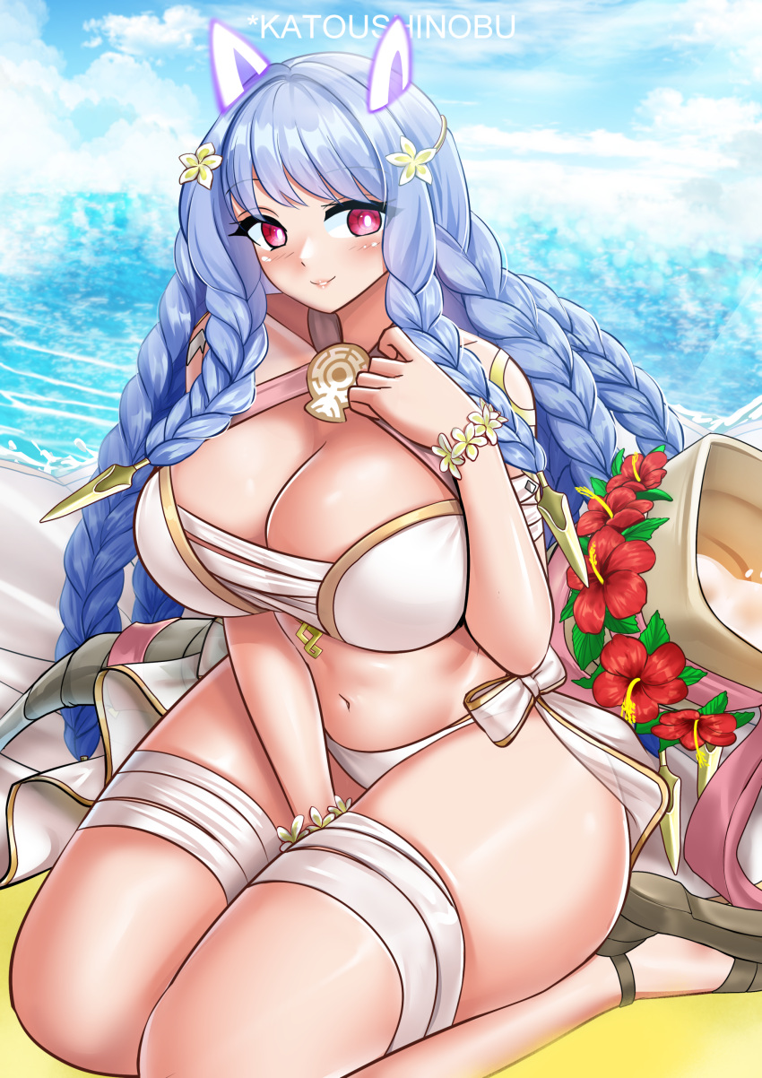 1girl alluring bare_legs beach big_breasts blue_hair cleavage fire_emblem fire_emblem_heroes heidrun_(fire_emblem) heidrun_(summer)_(fire_emblem) intelligent_systems katou_shinobu nintendo ocean on_knees red_eyes