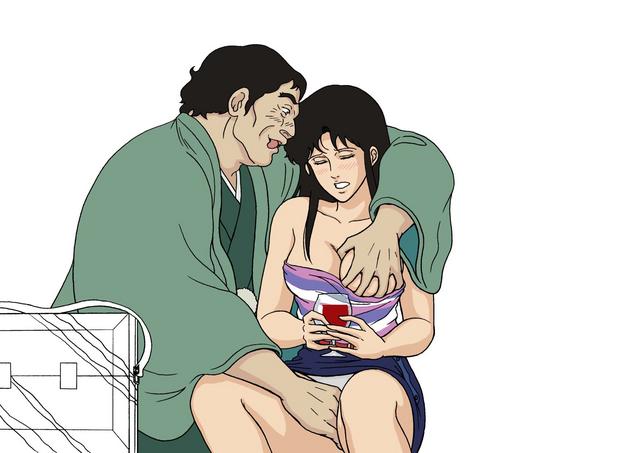 1boy 1girl age_difference alcohol bare_arms bare_legs bare_shoulders big_breasts black_hair blue_skirt blush breast_grab breasts cat's_eye cleavage closed_eyes collarbone drink drinking_glass duo fat_man femsub glass grabbing grabbing_another's_breast grabbing_another's_leg grabbing_another's_thigh green_kimono happy head_down head_tilt hetero hitomi_kisugi holding holding_drink holding_drinking_glass japanese_clothes kimono kisugi_hitomi leg_grab legs long_hair long_sleeves looking_at_another looking_at_breasts looking_down maledom medium_breasts miniskirt multicolored_clothes multicolored_tubetop neck open_clothes panties pantyshot pantyshot_(sitting) parted_lips pencil_skirt sexual_harassment short_hair sidelocks simple_background sitting skirt smile spread_legs straight_hair strapless striped striped_clothes striped_tubetop thick_eyebrows thigh_grab thighs tubetop underwear white_background white_panties white_underwear wide_sleeves wine wine_glass