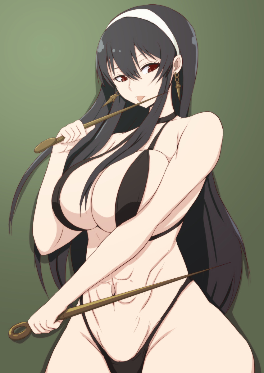 1girl alluring athletic_female big_breasts black_hair bra female_abs fit_female holding_swords panties pepejii pin_up red_hair spy_x_family sword swords underwear weapons yor_briar yor_forger