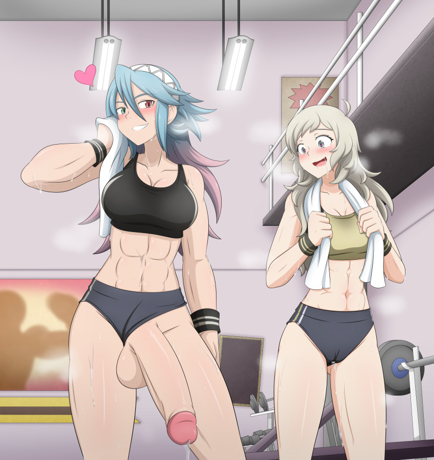 1futa 1girl abs absurd_res alluring athletic_female bare_shoulders big_breasts black_sports_bra blonde_hair blue_hair blush buruma buruma_aside cameltoe clothing_aside commission commissioner_upload drooling dumbbell female_abss fire_emblem fire_emblem_fates fit_female futanari futanari_with_female gluteal_fold gradient_hair green_eyes grey_eyes grin gym hair_between_eyes hair_ornament happy heart heart_in_eye heavy_breathing heterochromia high_res huge_penis indoors intelligent_systems long_hair luna_xd medium_breasts multicolored_hair navel nintendo open_mouth ophelia_(fire_emblem) penis penis_awe pink_hair precum precum_string red_eyes shorts smile soleil_(fire_emblem) sports_bra steam steaming_body sweat symbol_in_eye testicle toned toned_female towel towel_around_neck very_long_hair wristband