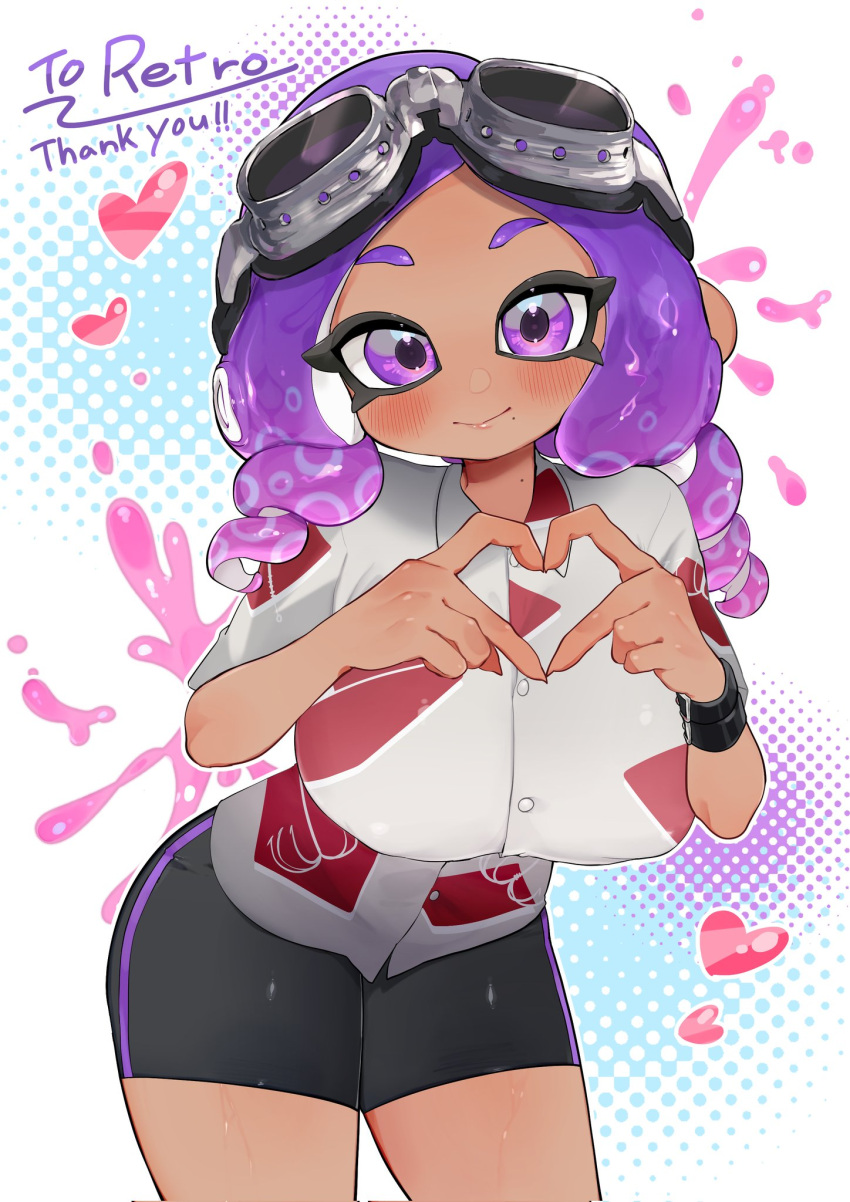 1girl 1girl 1girl big_breasts black_shorts blush breasts curly_hair doro_mizu_831 looking_at_viewer matching_hair/eyes nintendo purple_eyes purple_hair retro_(octoling) shorts splatoon_(series) splatoon_3 sweat tentacle_hair