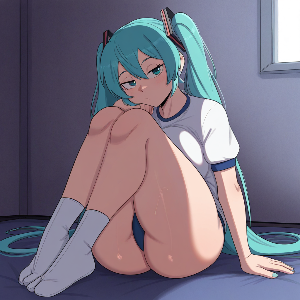 1girl ai_generated ass big_ass booty_shorts breasts buruma fundoshilover101 huge_ass miku_hatsune tabi_socks vocaloid