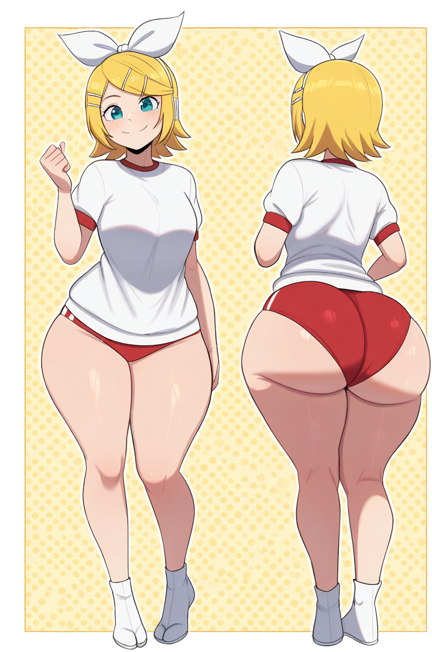 1girl ai_generated ass big_ass booty_shorts breasts buruma fundoshilover101 huge_ass kagamine_rin tabi_socks vocaloid