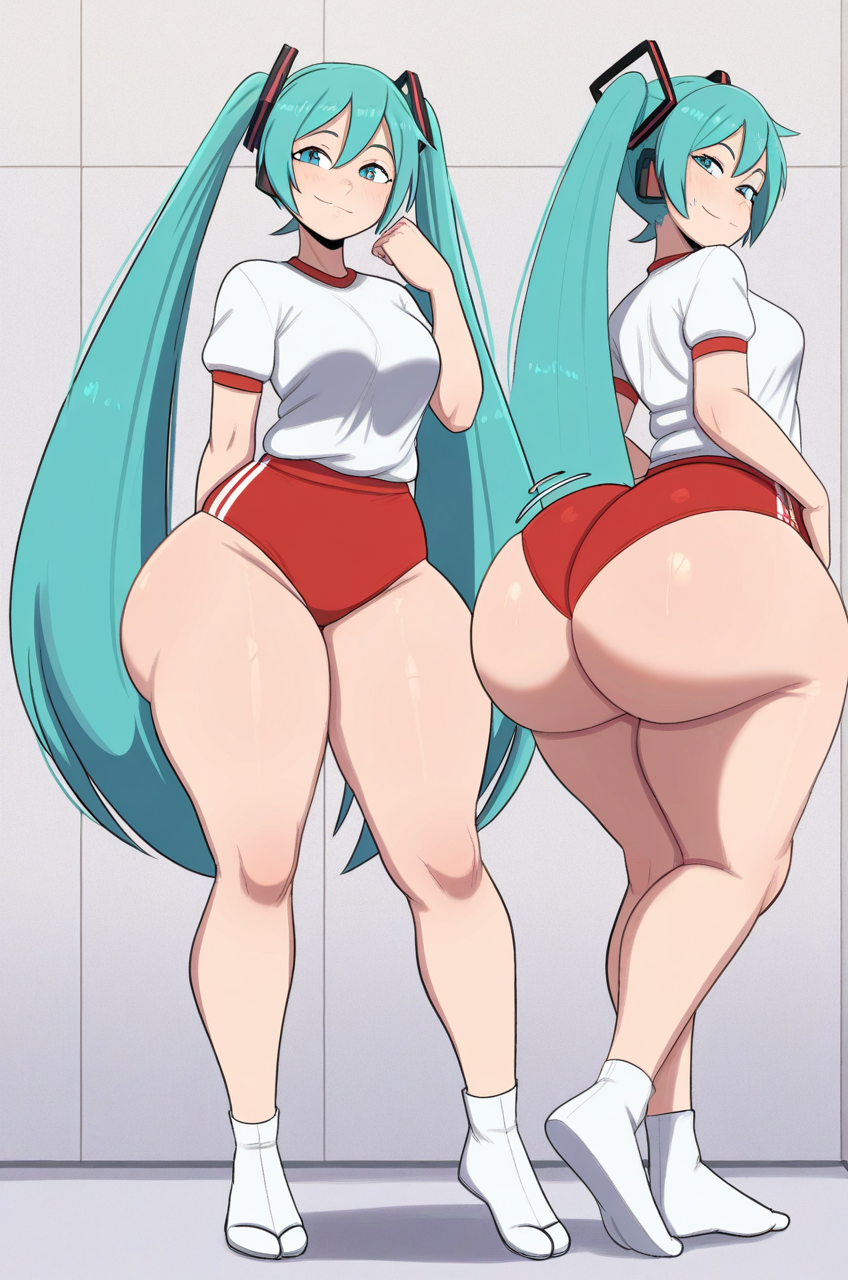 1girl ai_generated ass big_ass booty_shorts breasts buruma fundoshilover101 huge_ass miku_hatsune tabi_socks vocaloid
