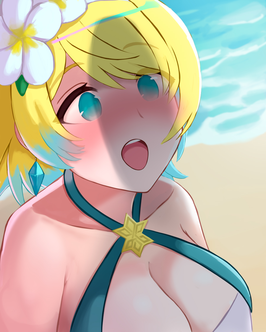 1boy 1girl beach blonde_and_teal_hair blue_background blush censored ciderwrath cleavage earrings fire_emblem fire_emblem_heroes fjorm_(fire_emblem) flower hair_ornament happy intelligent_systems jewelry mosaic_censoring necklace nintendo penis_awe penis_shadow teal_eyes