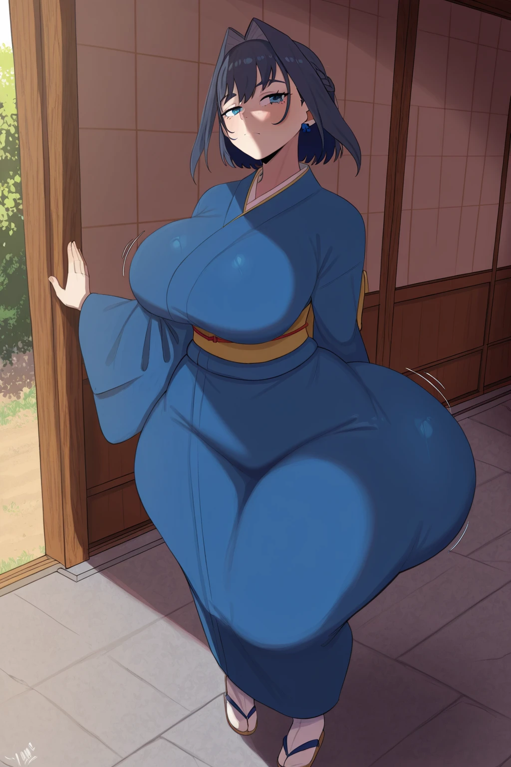 1girl ai_generated ass big_ass big_breasts breasts fundoshilover101 gigantic_ass hololive huge_ass kimono ouro_kronii tabi_socks