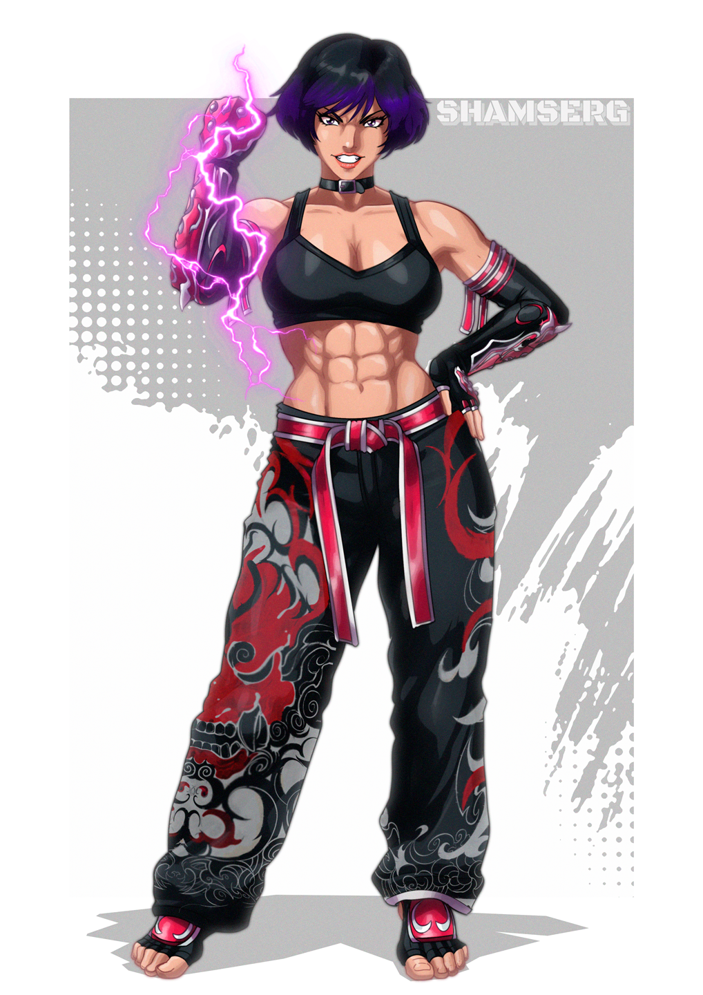 1girl alluring athletic_female big_breasts black_and_purple_hair female_abs fit_female foot_pads gauntlets namco pants purple_eyes reina_(tekken) shamserg sports_bra tekken tekken_8