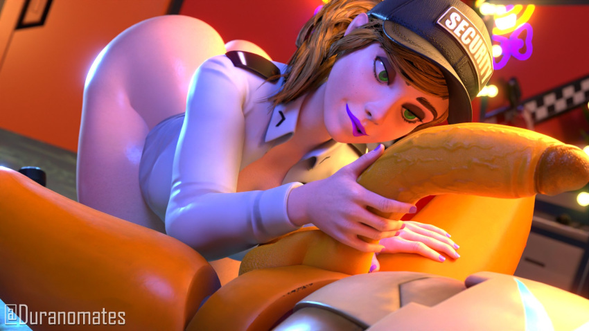 1boy 1girl 3d accurate_art_style ass big_ass big_penis duranomates five_nights_at_freddy's five_nights_at_freddy's:_security_breach furry glamrock_freddy_(fnaf) handjob human human_on_robot male penis robot security_guard straight vanessa_(fnaf)