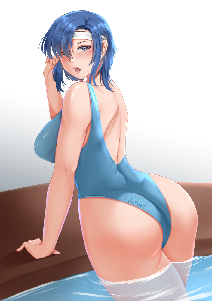 1girl 1girl 1girls alluring alternate_costume ass back back_view backless_outfit bare_back bare_thighs big_breasts blue_bikini blue_eyes blue_hair catria_(fire_emblem) female_only fire_emblem fire_emblem:_mystery_of_the_emblem fire_emblem:_shadow_dragon_and_the_blade_of_light intelligent_systems looking_back medium_hair nintendo one-piece_bikini partially_submerged pool rinku_bny silf silfs swimming_pool swimsuit thick_thighs thighs