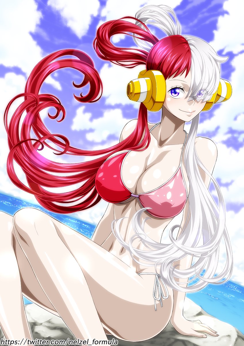 1girl 1girl alluring ass big_breasts bikini covered_nipples female_only high_res long_hair looking_at_viewer multicolored_hair nel-zel_formula one_piece one_piece_film_red purple_eyes red-haired_female red_hair sitting smile swimsuit two-tone_hair uta_(one_piece) white-haired_female white_hair