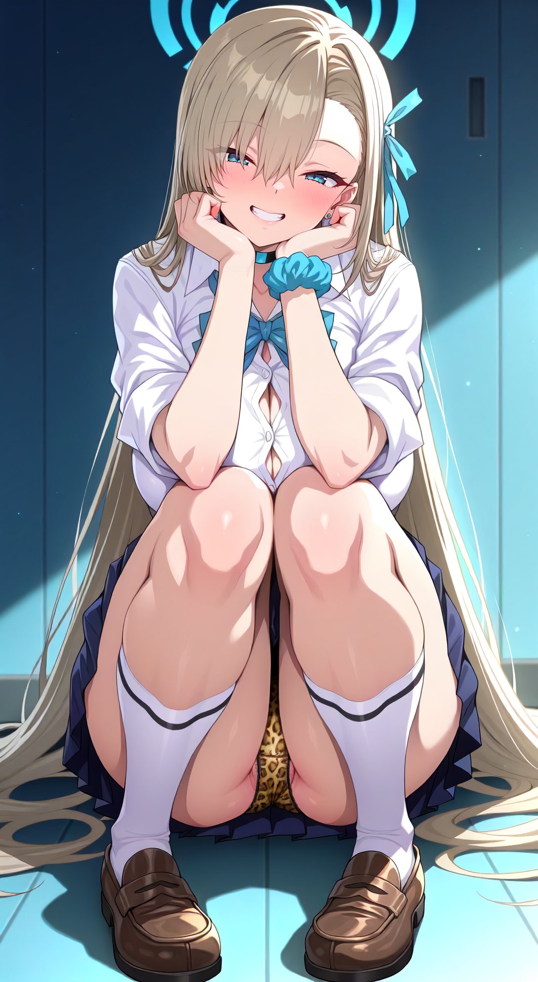 1girl ai_generated animal_print ass asuna_(blue_archive) blue_archive blush breasts cameltoe gigantic_ass gigantic_breasts grin halo huge_ass huge_breasts leopard_print light-skinned_female light_skin long_hair nikumist panties pussy school_uniform schoolgirl smile sweat sweatdrop thick_thighs thighs vagina