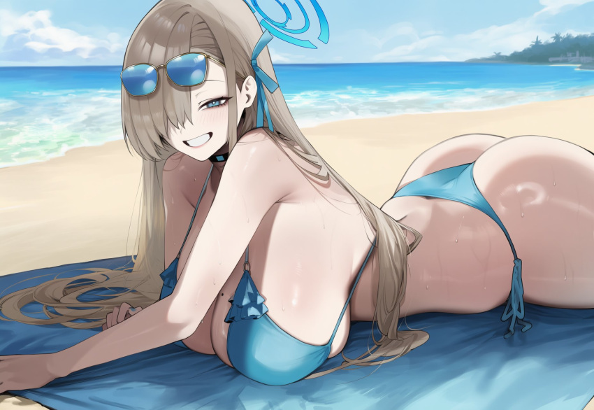 1girl ai_generated ass asuna_(blue_archive) beach bikini blue_archive blue_eyes blush breasts fat_ass grin halo huge_ass huge_breasts laying_down laying_on_stomach light-skinned_female light_skin long_hair looking_at_viewer mole mole_on_breast outside smile smirk sunglasses sweat sweatdrop sweating swimsuit thick_thighs thighs truck-kun_art