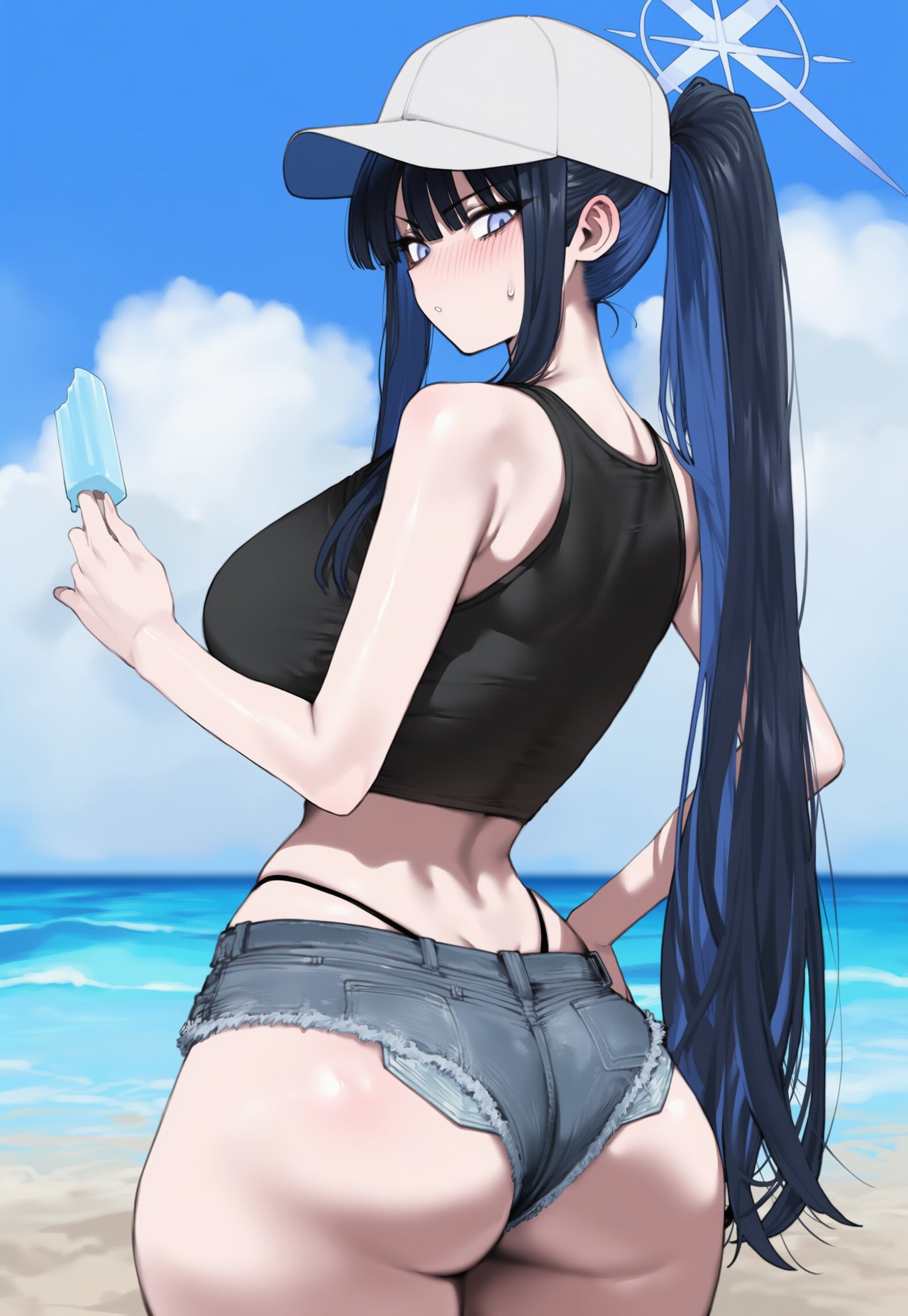 1girl ai_generated ass back back_view beach blue_archive blush breasts cap clothed clothed_female halo huge_ass huge_breasts ice_cream light-skinned_female light_skin long_hair looking_at_viewer looking_back outside ponytail saori_(blue_archive) sweat sweatdrop sweating thick_thighs thighs truck-kun_art