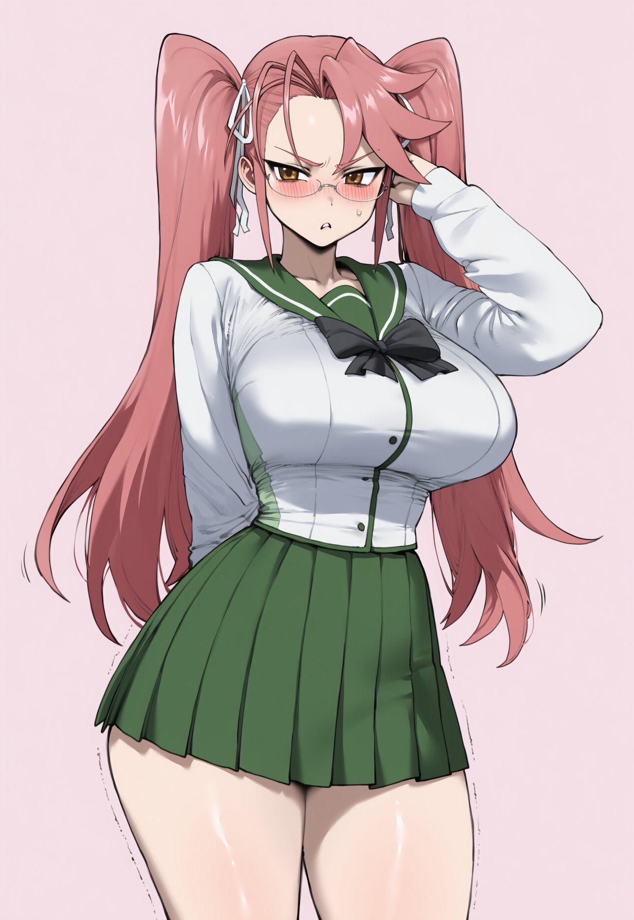 1girl ai_generated ass blush breasts clothed clothed_female glasses highschool_of_the_dead huge_ass huge_breasts light-skinned_female light_skin looking_at_viewer pink_hair saya_takagi school_uniform schoolgirl sweat sweatdrop sweating teen thick_thighs thighs truck-kun_art twin_tails