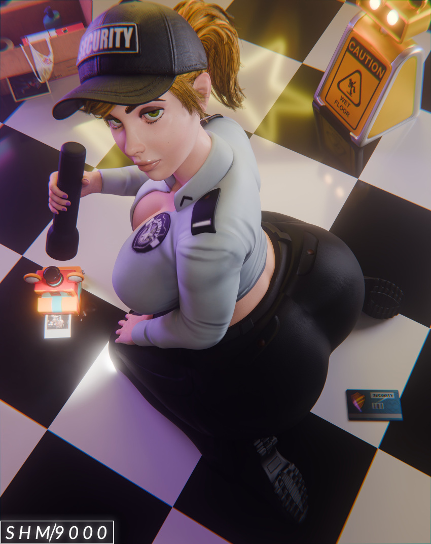 1girl 1girl 1girls 3d 3d_(artwork) ass badge big_breasts breasts cleavage clothed clothed_female female_only five_nights_at_freddy's five_nights_at_freddy's:_security_breach flashlight fully_clothed fully_clothed_female large_ass light-skinned_female security_guard solo_female superhentaimaster9000 tagme vanessa_(fnaf)