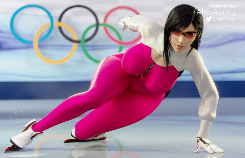 1girl 1girl 1girls 3d action_pose alenabyss artist_name ass athletic big_ass big_breasts black_hair bodysuit breasts facing_viewer female_only final_fantasy final_fantasy_vii fit fit_female glasses human ice_skater ice_skates ice_skating large_ass light-skinned_female light_skin meme olympics skin_tight speed_skating thick_thighs tifa_lockhart wide_hips