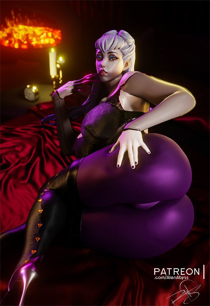 1girl 1girl 1girls 3d alenabyss ass big_ass big_ass big_breasts breasts clothed evelynn eyeshadow female_only fully_clothed k/da_all_out_evelynn k/da_all_out_series league_of_legends lipstick long_hair looking_at_viewer looking_back nail_polish nipples_visible_through_clothing thick_thighs thigh_high_boots white_hair yellow_eyes