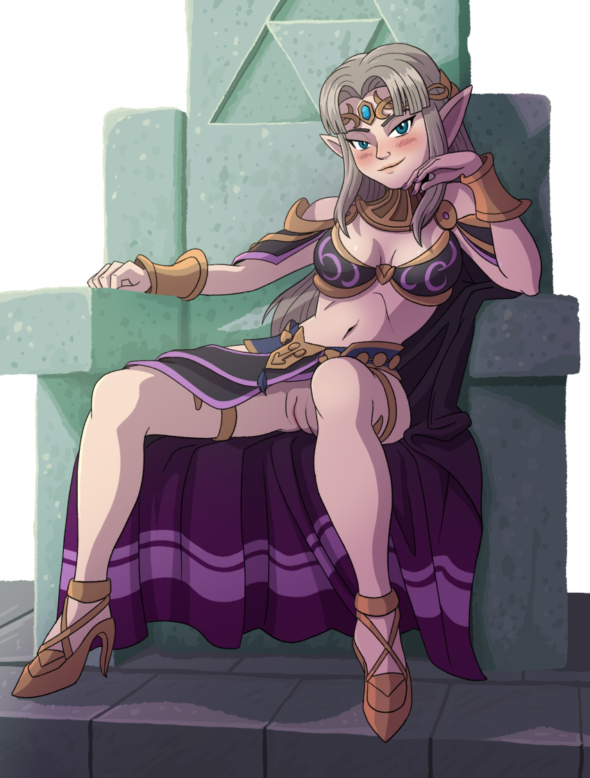 1girl 1girl abel_hagen adapted_costume alluring alternate_color alternate_costume anklet arm_rest arm_support bare_legs belly big_breasts black_bra black_cape blue_eyes blue_gem blunt_bangs blush bra bracer cape chair circlet cleavage closed_mouth clothing_aside commission cosplay curtained_hair dark_mage_(fire_emblem_awakening) eyelashes fingernails fire_emblem fire_emblem_awakening gem gold_anklet gold_bracer gold_circlet gold_thighlet gold_trim gradient_cape grey_hair hair_between_eyes half-closed_eyes head_rest high_heels high_res intelligent_systems jewelry leaning_to_the_side lips long_hair looking_at_viewer medium_breasts midriff navel no_panties official_alternate_color on_chair parted_bangs pelvic_curtain pelvic_curtain_aside pointy_ears princess_zelda purple_cape purple_streaks purple_trim pussy shendyt sidelocks sitting sitting_on_throne smile spread_legs stomach the_legend_of_zelda the_legend_of_zelda:_a_link_between_worlds the_legend_of_zelda:_a_link_to_the_past thighlet thighs throne transparent_background triforce uncensored underwear usekh_collar