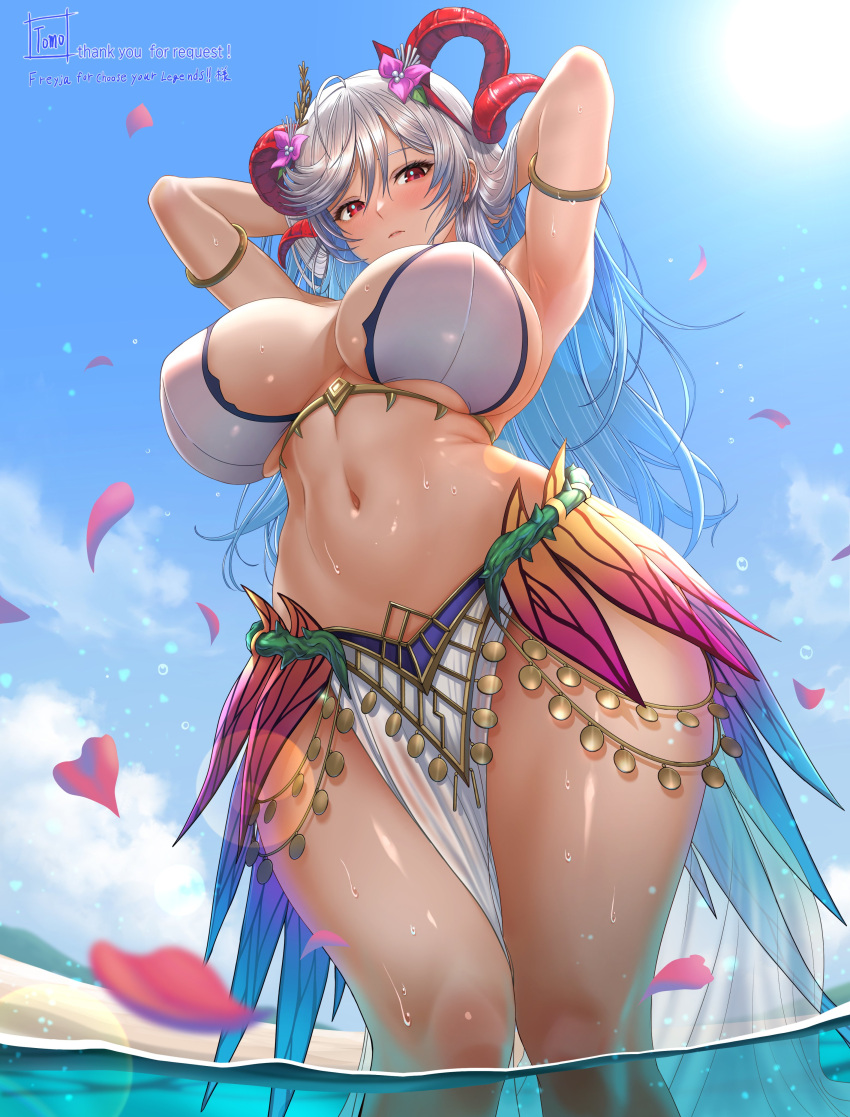 1girl 1girl absurd_res alluring armlet arms_up beach big_breasts bikini blue_hair blue_sky blush commission curled_horns fire_emblem fire_emblem_heroes flower freyja_(fire_emblem) freyja_(summer)_(fire_emblem) from_below goat_horns gold_armlet gold_horns grey_hair hair_flower hair_ornament high_res horns intelligent_systems jewelry large_horns long_hair looking_at_viewer looking_down multicolored_hair navel nintendo ocean official_alternate_costume outside petals red_eyes red_horns second-party_source sky stomach swimsuit thick_thighs thighs tomo_eokaiteru water wet white_bikini wide_hips