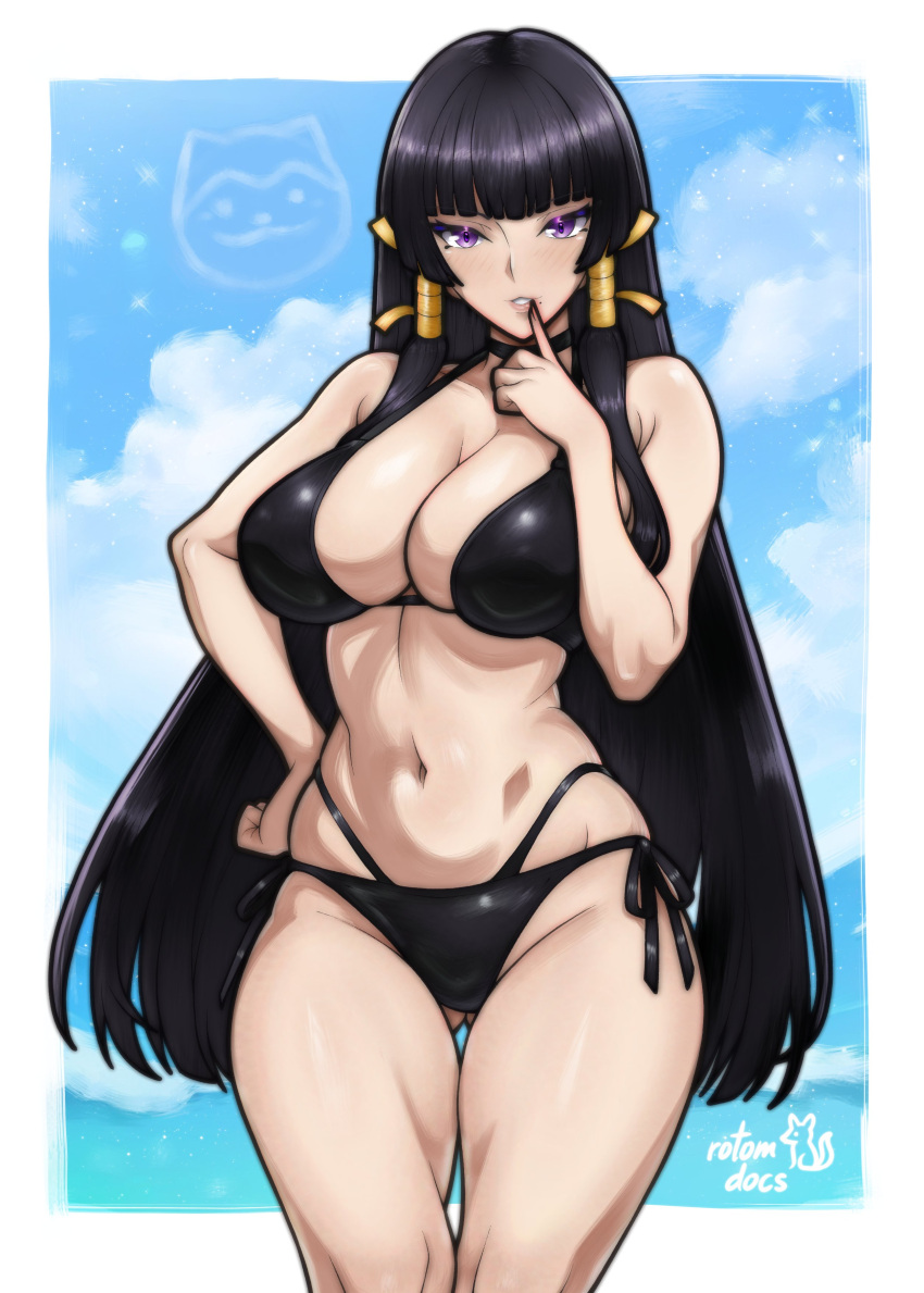 1girl 1girl absurd_res alluring artist_name bare_arms bare_shoulders big_breasts bikini black_bikini black_choker black_hair blue_sky blunt_bangs blush choker cleavage commentary commission cowboy_shot dead_or_alive dead_or_alive_6 dead_or_alive_xtreme_venus_vacation english_commentary finger_to_mouth full_cleavage gluteal_fold hand_on_own_hip hand_up high_res ko-fi_commission long_hair looking_at_viewer navel nyotengu ocean parted_lips purple_eyes rotomdocs side-tie_bikini_bottom sidelocks signature sky smile stomach swimsuit tecmo tsurime very_long_hair