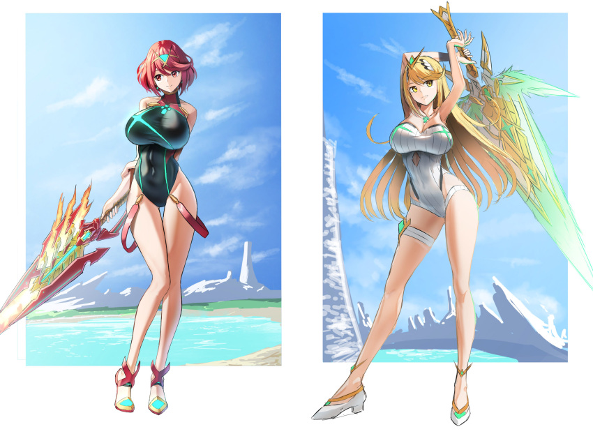 1girl 2_girls aegis_sword_(xenoblade) alluring big_breasts high_res lom_(lom_lom_8) long_hair mythra_(radiant_beach)_(xenoblade) mythra_(xenoblade) one-piece_bikini pyra_(pro_swimmer)_(xenoblade) pyra_(xenoblade) red_eyes red_hair short_hair swimsuit very_long_hair weapon xenoblade_(series) xenoblade_chronicles_2