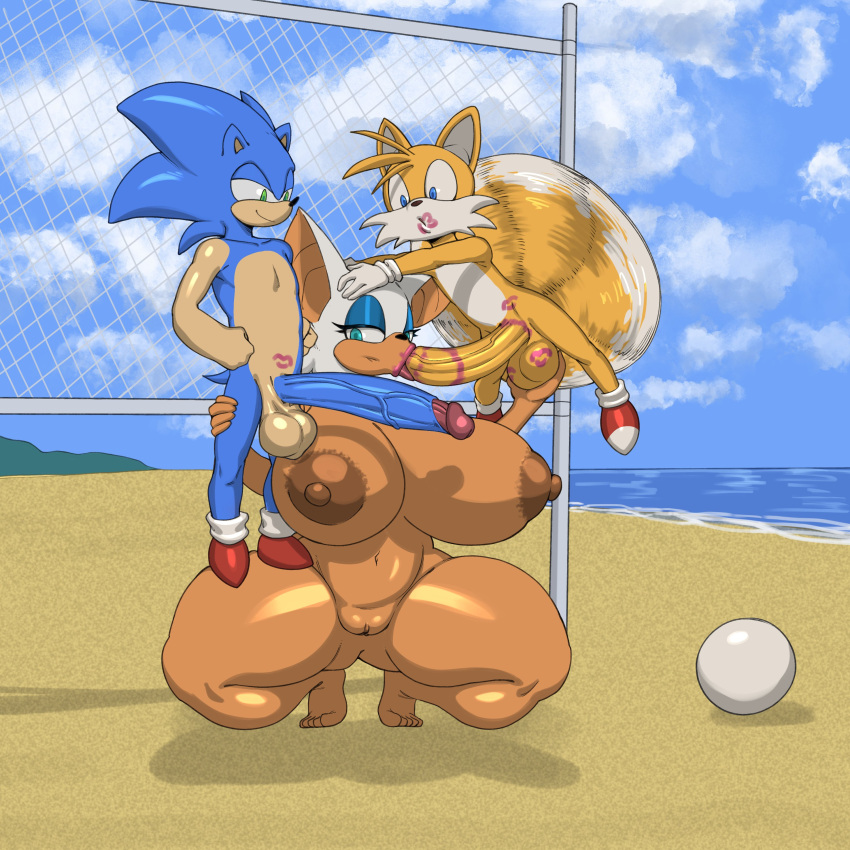 1girl 2boys 2d_(artwork) anthro bat beach big_breasts big_penis fellatio female fox hedgehog huge_breasts huge_cock lipstick_mark lipstick_on_penis male megahand6 miles_"tails"_prower navel nipples nude oral_penetration penis pussy rouge_the_bat sega sex sonic_the_hedgehog sonic_the_hedgehog_(series) squatting thick_thighs threesome veiny_penis wide_hips
