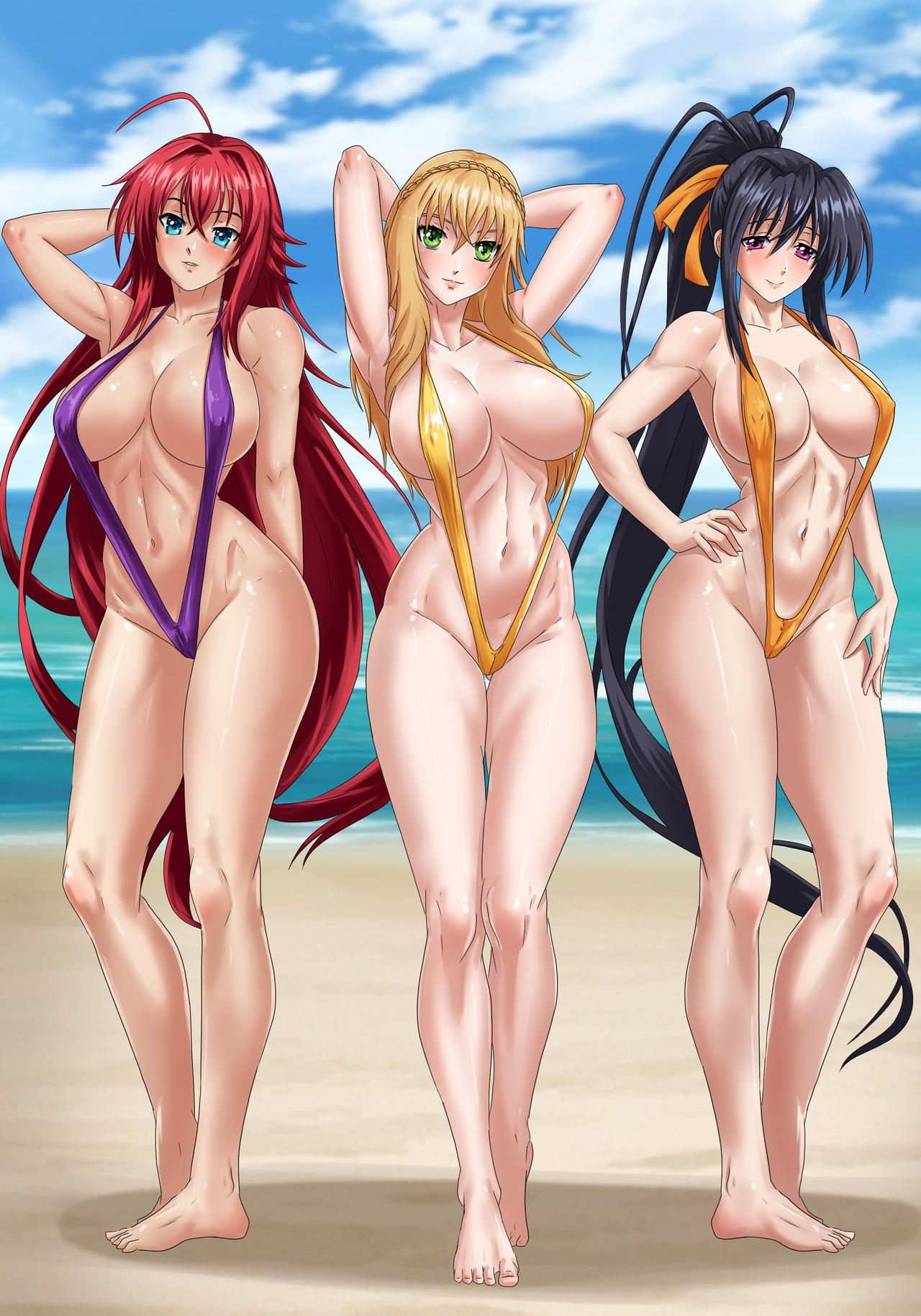 1girl 3_girls akeno_himejima alluring amenoosa athletic_female beach big_breasts black_hair blue_eyes female_abs fit_female green_eyes harem harem_girl high_school_dxd long_hair looking_at_viewer original_character ponytail purple_eyes red_hair rias_gremory seaside sling_bikini slingshot_swimsuit voluptuous