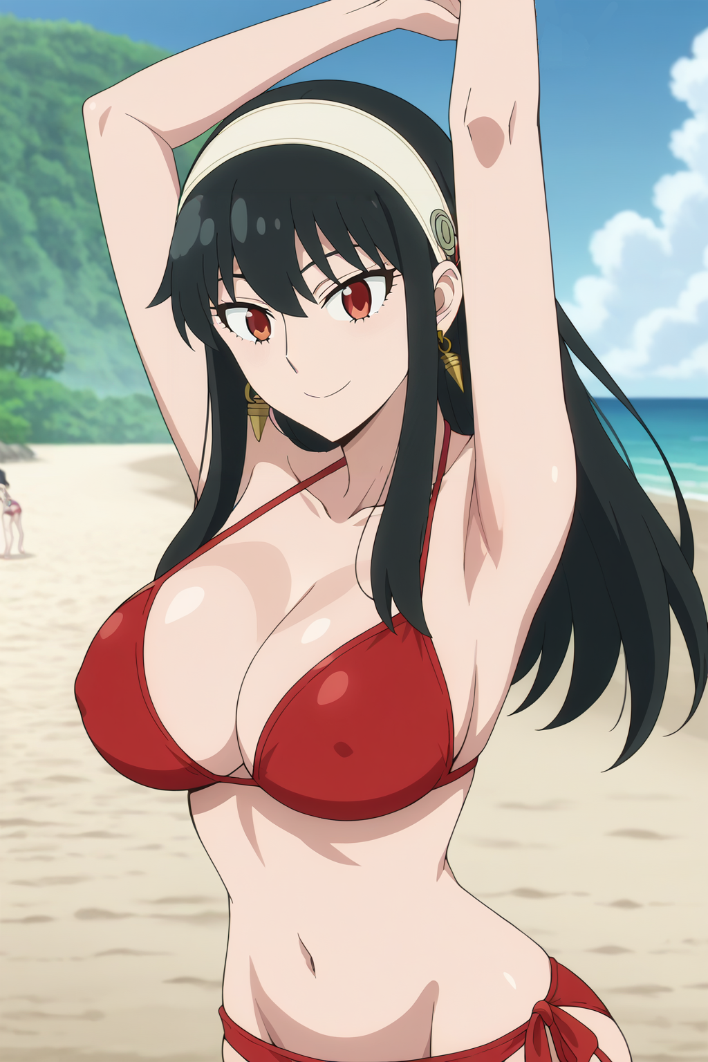 1girl accurate_art_style alluring androidparanoid bare_legs beach big_breasts bikini black_hair blue_sky cleavage long_hair milf ocean pin_up posing red_bikini red_eyes spy_x_family yor_briar yor_forger