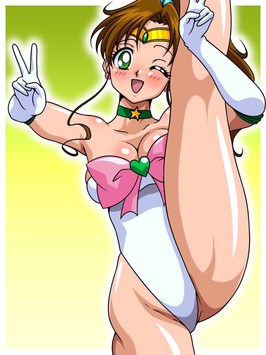 1girl adult_swim big_breasts bishoujo_senshi_sailor_moon bishoujo_senshi_sailor_moon_r bishoujo_senshi_sailor_moon_r_the_movie bishoujo_senshi_sailor_moon_s bishoujo_senshi_sailor_moon_s_the_movie bishoujo_senshi_sailor_moon_supers bishoujo_senshi_sailor_moon_supers_the_movie blush brown_hair cleavage gloves green_eyes high_res highleg highleg_leotard inabakun00 leotard long_hair makoto_kino one_eye_closed ponytail sailor_jupiter standing standing_on_one_leg toei_animation toonami v viz_media wink