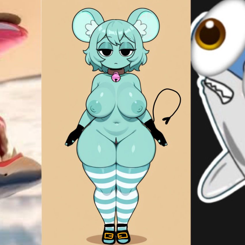 1girl aged_up ai_generated big_breasts black_tail breasts collar fingerless_gloves heart_tail high_heels human_made italian_brainrot moch_(sprunki) mochimochz mouse_girl pink_bell pussy remastered sprunki sprunki_oc stockings tralalero_tralala tralalita_tralala turquoise_body void_eyes
