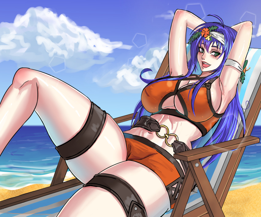 1girl alboire alluring beach big_breasts bikini cleavage fire_emblem fire_emblem_radiant_dawn green_eyes intelligent_systems mia_(fire_emblem) nintendo ocean pin_up purple_hair under_boob
