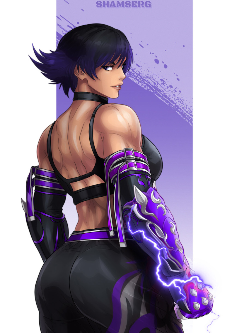 1girl alluring alternate_version ass athletic_female big_breasts black_and_purple_hair fit_female gauntlets looking_back_at_viewer namco pants purple_eyes reina_(tekken) shamserg sports_bra tekken tekken_8