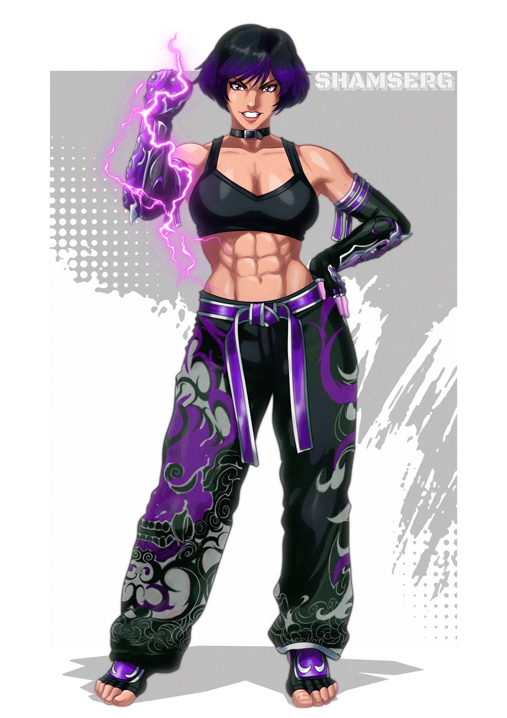 1girl alluring alternate_version athletic_female big_breasts black_and_purple_hair female_abs fit_female foot_pads gauntlets namco pants purple_eyes reina_(tekken) shamserg sports_bra tekken tekken_8