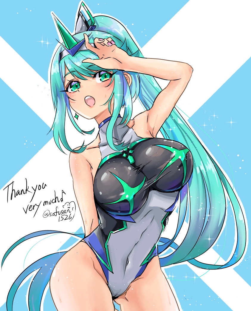 1girl alluring arms_behind_back big_breasts core_crystal_(xenoblade) covered_erect_nipples cowboy_shot green_eyes green_hair hands_on_own_head high_ponytail long_hair nail_polish navel one-piece_bikini open_mouth pneuma_(xenoblade) ponytail sofusan1526 swimsuit tiara xenoblade_(series) xenoblade_chronicles_2