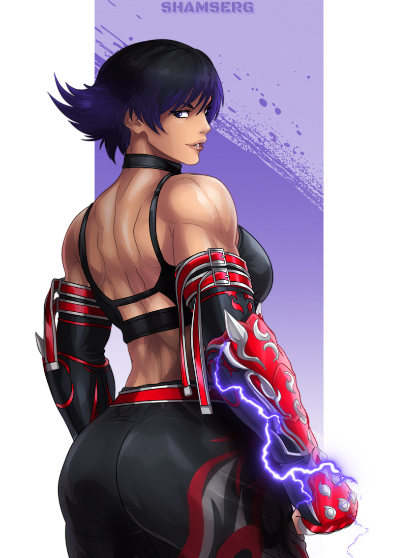 1girl alluring ass athletic_female big_breasts black_and_purple_hair fit_female gauntlets looking_back_at_viewer namco pants purple_eyes reina_(tekken) shamserg sports_bra tekken tekken_8
