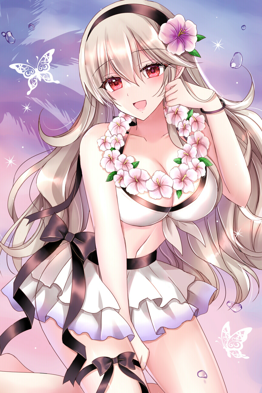 1girl alluring bare_shoulders big_breasts bikini bikini_skirt black_bow black_hairband blush bow breasts bug butterfly cleavage collarbone commentary_request corrin_(fire_emblem) corrin_(fire_emblem)_(female) corrin_(summer)_(fire_emblem)_(female) fire_emblem fire_emblem_fates fire_emblem_heroes fire_emblem_warriors flower flower_necklace grey_hair hair_between_eyes hair_flower hair_ornament hairband high_res insect intelligent_systems jewelry kirishima_riona kneehighs lei long_hair looking_at_viewer navel necklace nintendo official_alternate_costume open_mouth pointy_ears red_eyes revision smile socks swimsuit thighs white_bikini