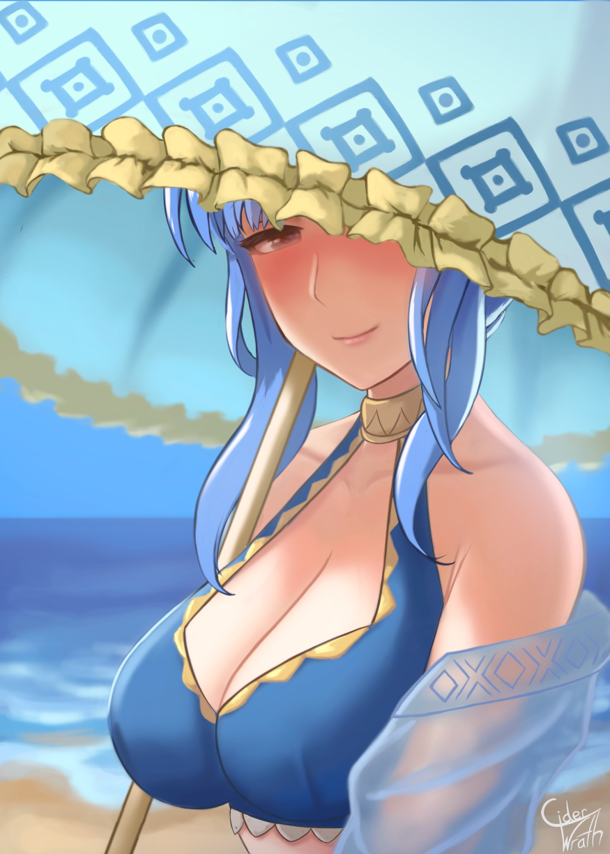 1girl alluring big_breasts bikini blush ciderwrath cleavage fire_emblem fire_emblem:_three_houses high_res intelligent_systems looking_at_viewer marianne_von_edmund naughty_face nintendo smile swimsuit umbrella upper_body