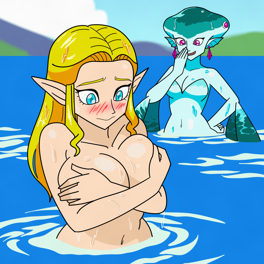 1girl alluring big_breasts blonde_hair blue_eyes covering embarrassed klutzykatherine nude princess_ruto princess_zelda skinny_dipping super_smash_bros_melee tagme the_legend_of_zelda the_legend_of_zelda:_ocarina_of_time