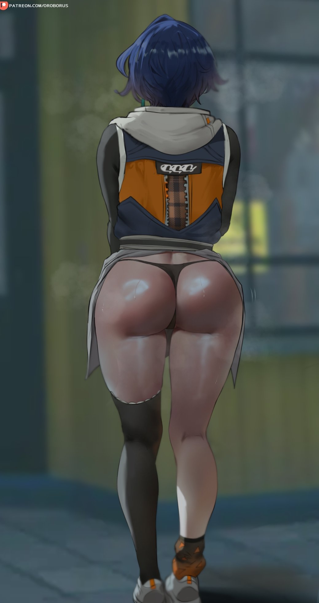 1girl belle_(summer_skies)_(zenless_zone_zero) belle_(zenless_zone_zero) big_breasts blue_eyes blue_hair bubble_butt cleavage horny inviting_to_sex oroborus pose standing stockings teasing thick_thighs zenless_zone_zero