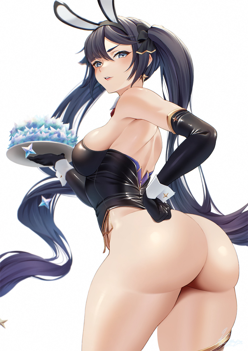1girl big_breasts black_hair blue_eyes bubble_butt bunny_costume bunny_ears bunny_suit bunnysuit cleavage genshin_impact hakua_(hka_art) horny inviting_to_sex looking_at_viewer mona_(genshin_impact) pose standing teasing thick_thighs