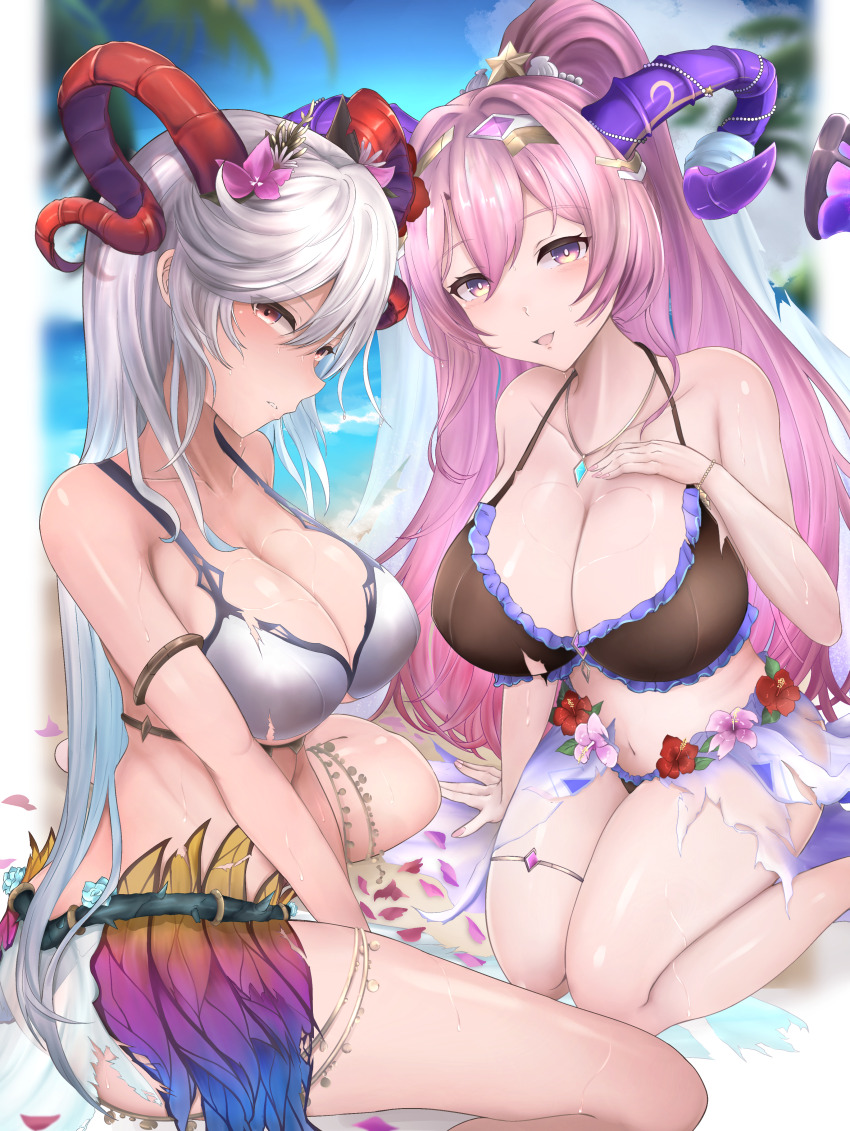 2_girls absurd_res ass aunt_and_niece bare_shoulders big_breasts bikini black_bikini blurry blurry_background breasts cleavage fire_emblem fire_emblem_heroes freyja_(fire_emblem) freyja_(summer)_(fire_emblem) goat_horns grey_hair hair_between_eyes hand_on_own_chest high_res horns intelligent_systems long_hair looking_at_viewer multiple_girls navel nenemu0 nerthuz_(fire_emblem) nerthuz_(summer)_(fire_emblem) nintendo official_alternate_costume pink_eyes pink_hair ponytail red_eyes sitting swimsuit very_long_hair wariza white_bikini yokozuwari