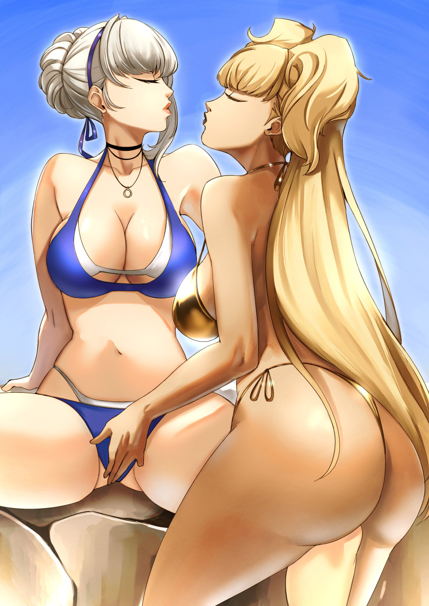2_girls alluring ass ass_focus atlus big_ass big_breasts big_breasts bikini blonde_hair cleavage closed_eyes fingering fingering_partner fingering_through_clothes fingering_through_panties golden_bikini gyaru imminent_kiss kayo_tomiyama merope_(persona) okyann persona persona_5 persona_5:_the_phantom_x puckered_lips sega sideboob swimsuit swimwear tanned thick_thighs thighs white_hair xiiicaelum yuri