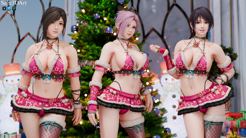 3girls alluring amber_eyes aqua_eyes big_breasts black_and_blue_hair brown_eyes brown_hair christmas christmas_outfit christmas_tree cleavage dead_or_alive dead_or_alive_xtreme_venus_vacation elise_(doa) pin_up pink_hair sage3d sayuri_(doa) shandy_(doa) tecmo