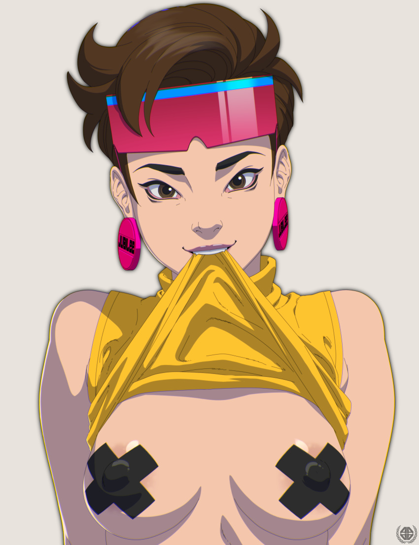 alternate_version_available amaurymangaka asian asian_female big_breasts breasts brown_eyes earrings jubilation_lee jubilee looking_at_viewer marvel nipple_pasties nude shirt_pull sunglasses sunglasses_on_head x-men x-men_97