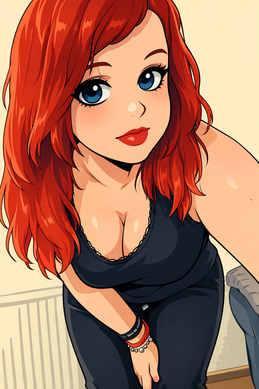 bending_over big_breasts blue_eyes breasts cleavage clothed huge_breasts red_hair