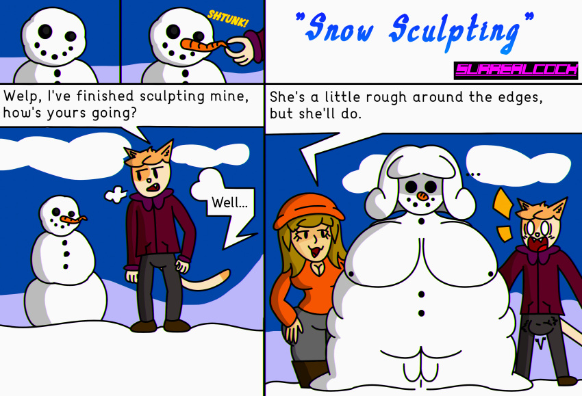 1boy 1femboy 2_girls 2girls1boy amateur_artist big_breasts blonde_hair cat_boy cat_ears cat_tail catboy christmas christmas_2025 colored comic december december_2025 flabbergasted oc orange_clothing ruby_(surrealcock) shocked shocked_expression shocked_eyes snow snow_girl snowgirl snowwoman spice_(surrealcock) surrealcock tagme winter winter_clothes