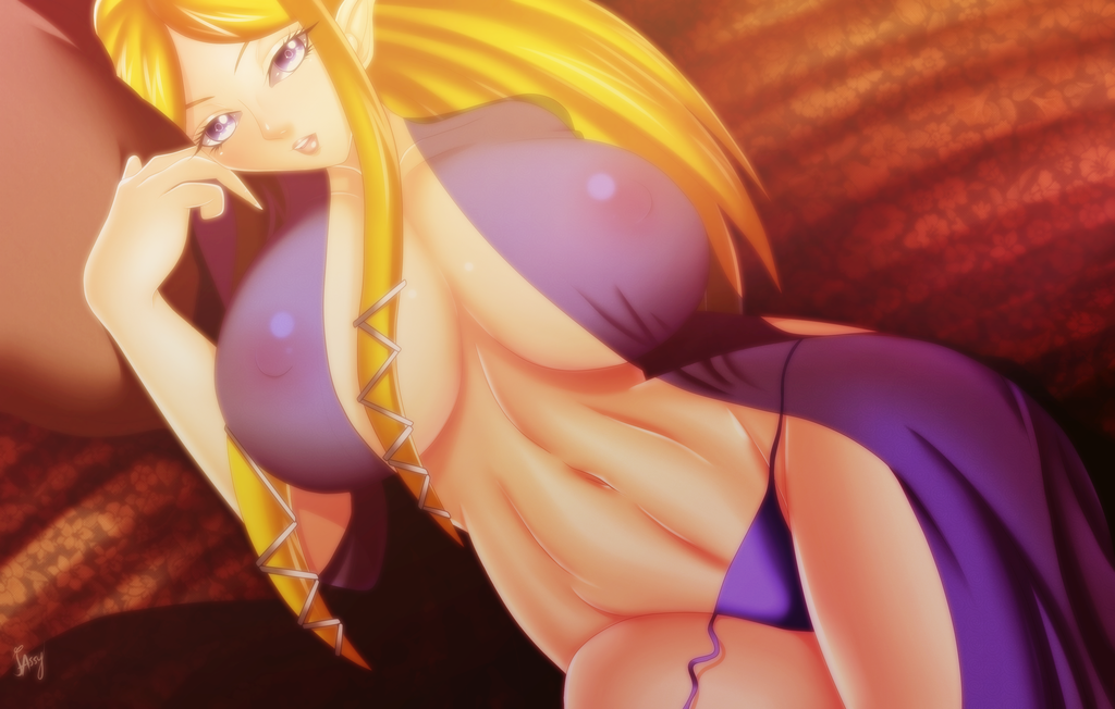 1girl 1girl 1girl = alluring beige_skin big_breasts blonde_hair blue_eyes cleavage hyrule_warriors jassycoco laying_down long_hair naughty_face nintendo nipples panties princess_zelda skimpy the_legend_of_zelda wide_hips zelda_(hyrule_warriors)