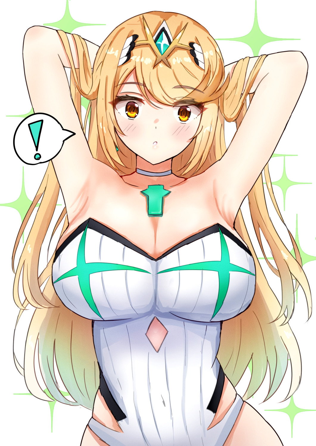 ! 1girl 1girl alluring arms_behind_head big_breasts blonde_hair chest_jewel cleavage clothing_cutout commentary_request cowboy_shot high_res hip_vent mythra_(radiant_beach)_(xenoblade) mythra_(xenoblade) nowa2109 one-piece_bikini simple_background speech_bubble spoken_exclamation_mark strapless strapless_one-piece_bikini swimsuit tiara white_background white_one-piece_bikini xenoblade_(series) xenoblade_chronicles_2 yellow_eyes
