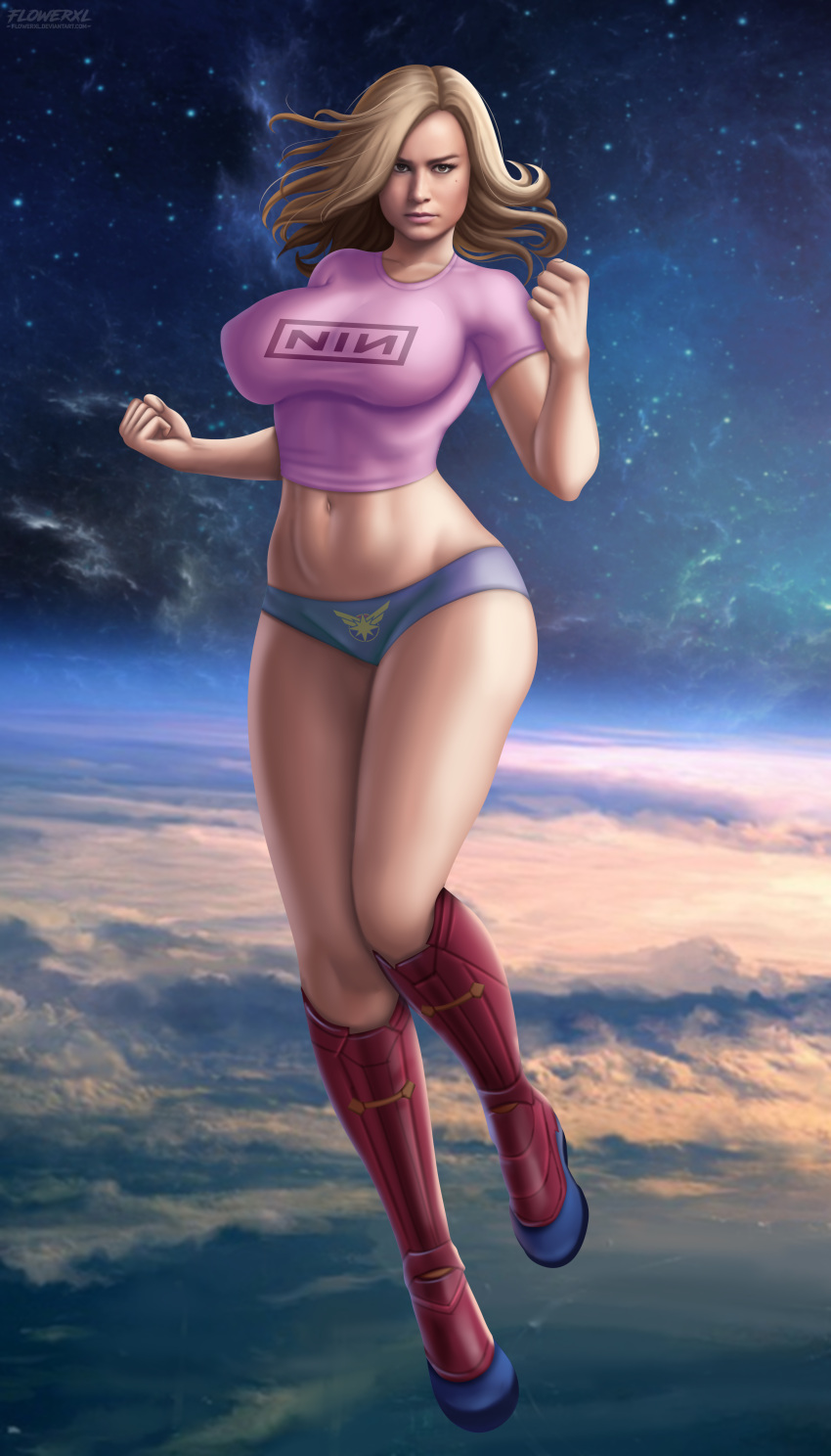 1girl 1girl blonde_hair blue_panties boots breasts brown_eyes captain_marvel carol_danvers female_only flowerxl front_view full_body gloves heroine light-skinned_female long_hair looking_at_viewer marvel marvel_comics pink_shirt red_boots space superheroine thick_thighs